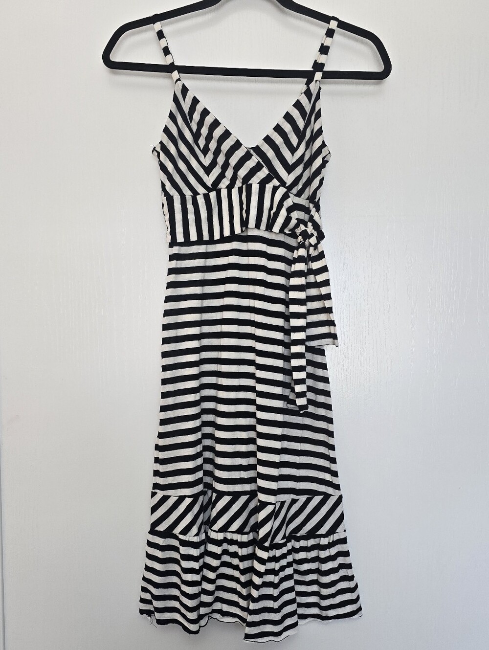 Solemio - Black & White Striped Faux Wrap Dress